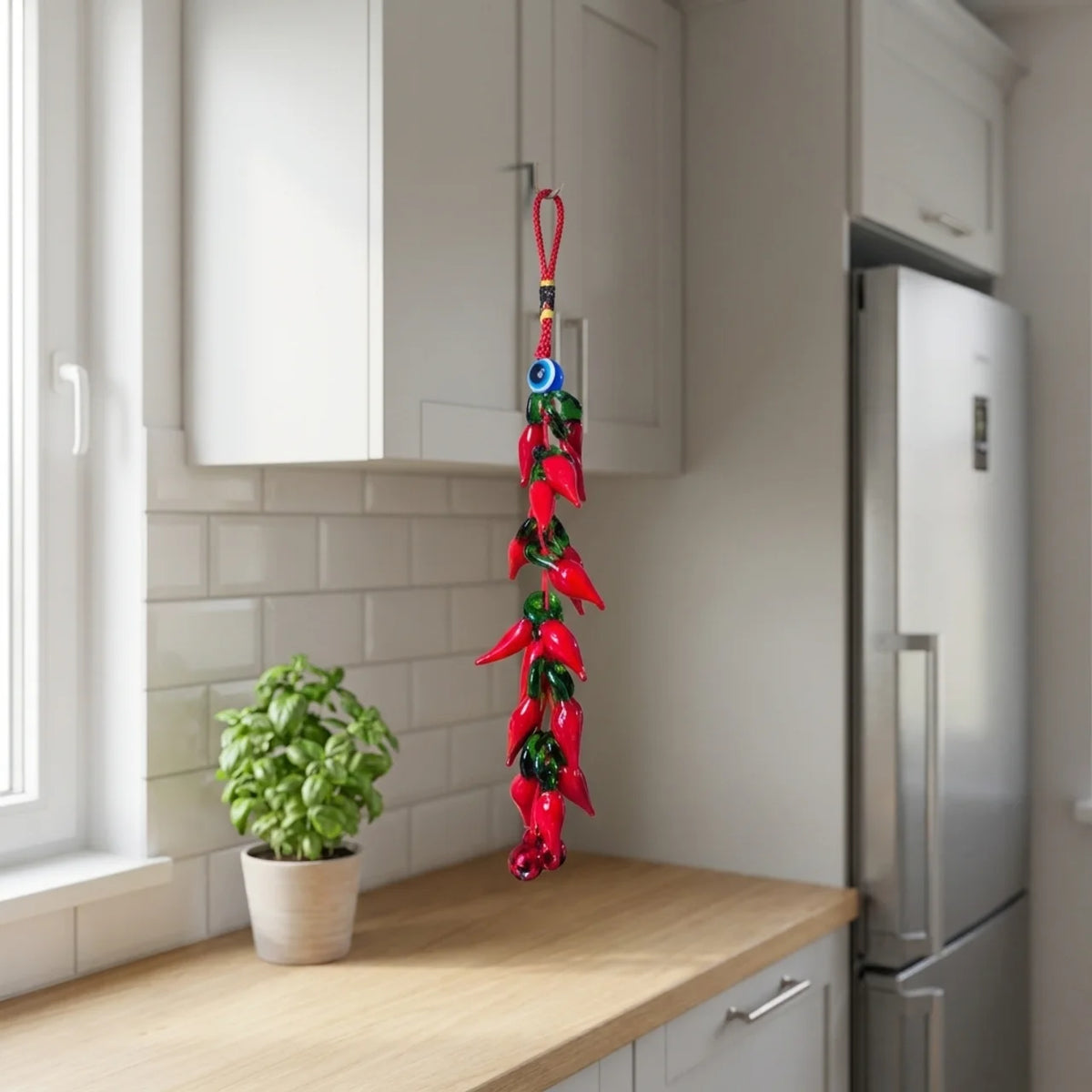 Amuleto de ajíes decorando la cocina junto a la ventana con plantas