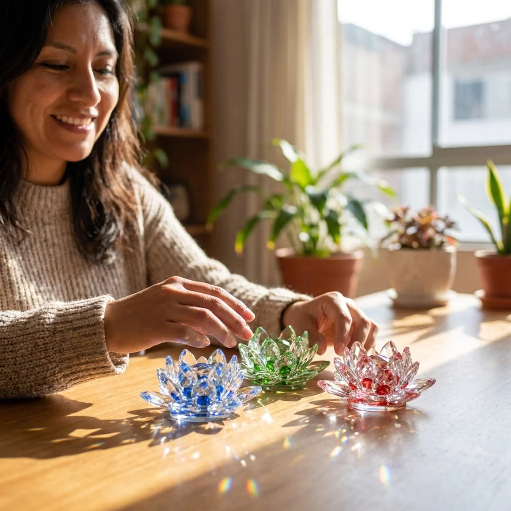 Mujer colocando flor de loto de cristal junto a la ventana con luz natural
