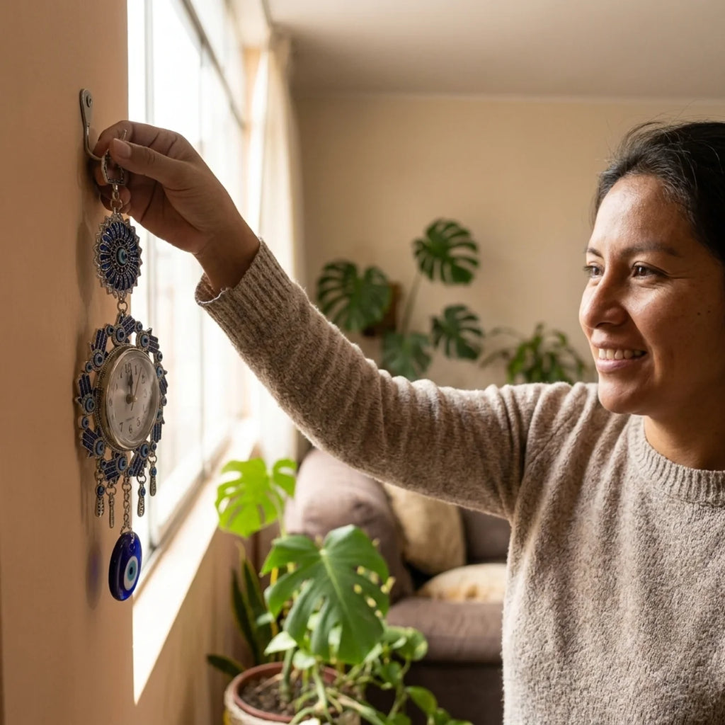 Mujer colgando amuleto de protección ojo turco en la pared de su hogar
