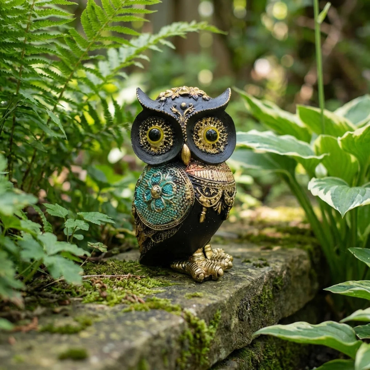 Figura de búho protector entre plantas verdes del jardín