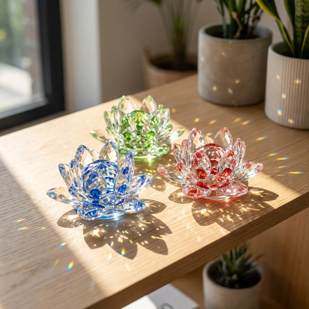 Flores de loto de cristal azul verde y rosa con destellos de sol en mesa
