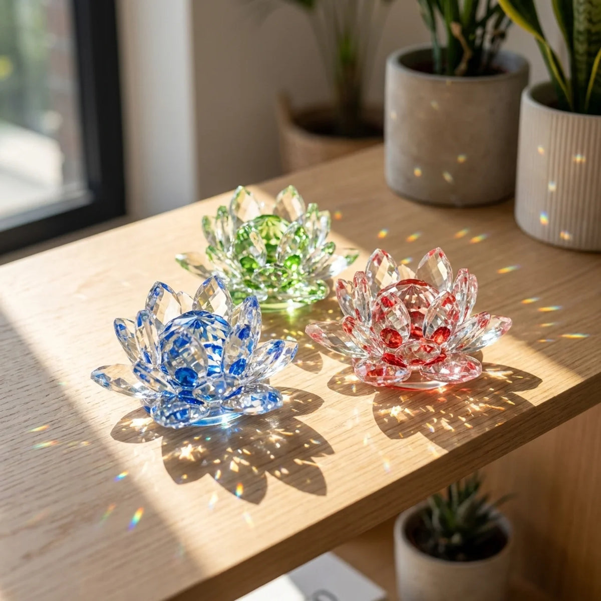 Flores de loto de cristal azul verde y rosa con destellos de sol en mesa