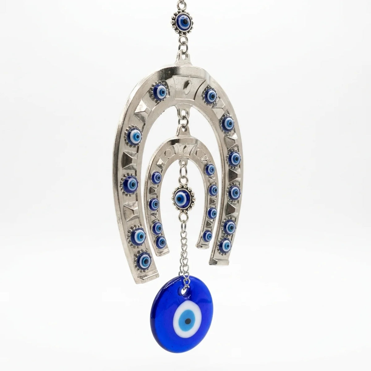 Herradura de acero inoxidable con ojo turco de vidrio azul colgante