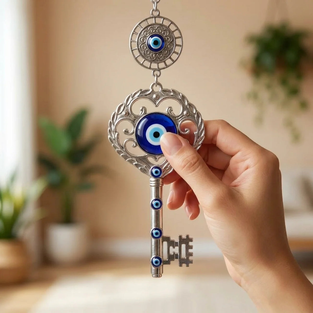 Llave plateada con mandala y ojos turcos sostenida en una mano