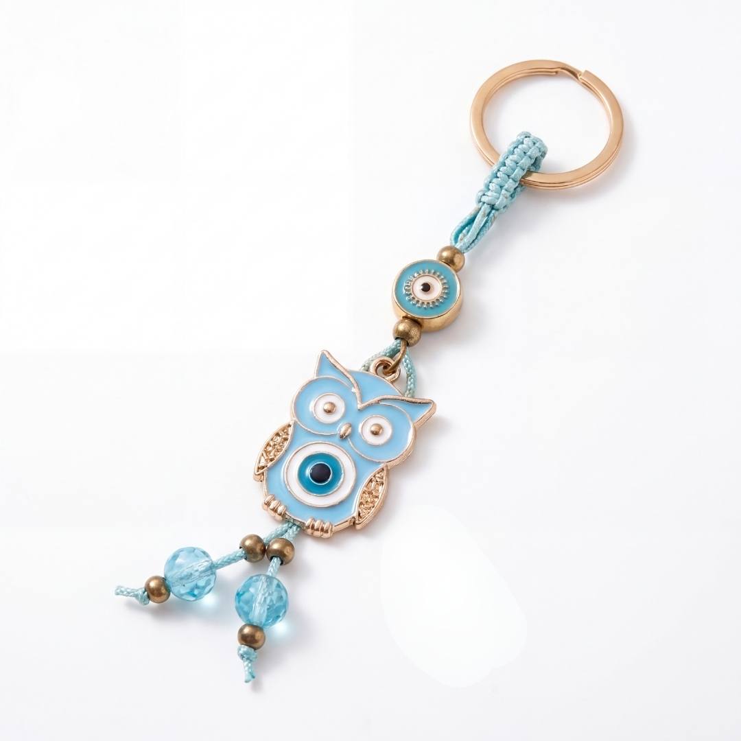 Llavero celeste con mano hamsa y ojo turco de protección