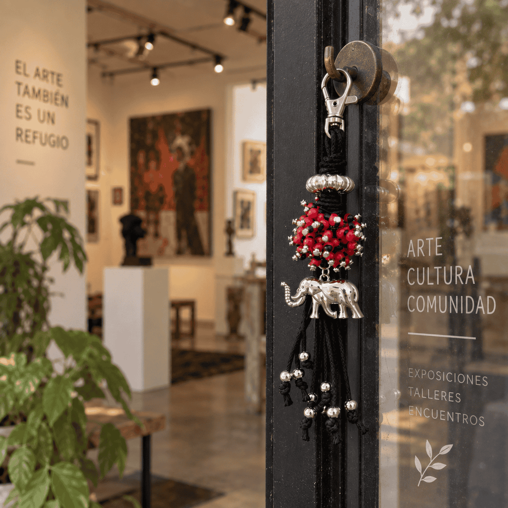 Llavero de protección de huayruro en ambiente boho con plantas