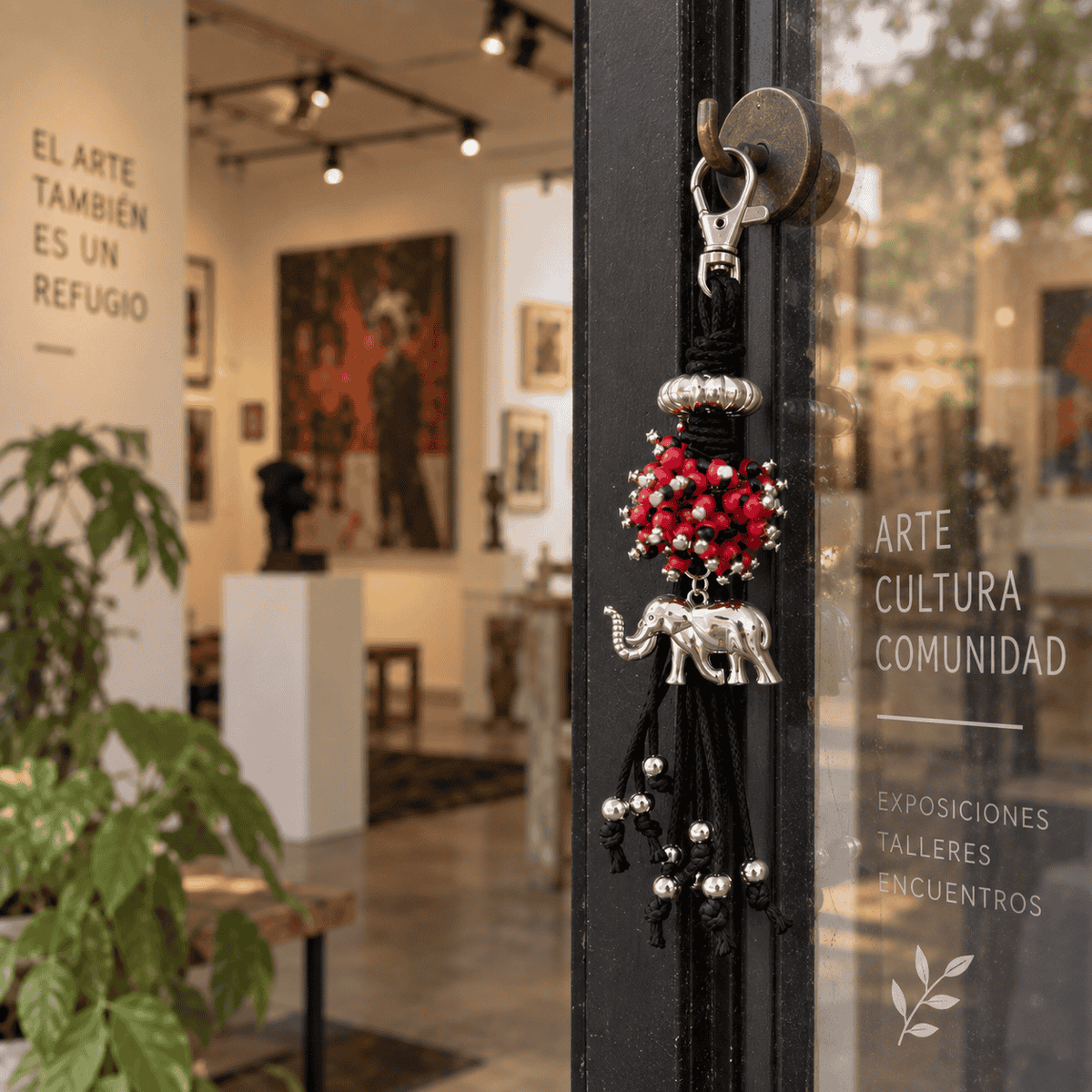 Llavero de protección de huayruro en ambiente boho con plantas