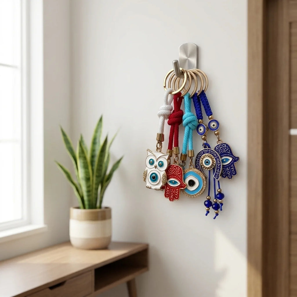 Colección de llaveros de protección colgados en la pared del hogar