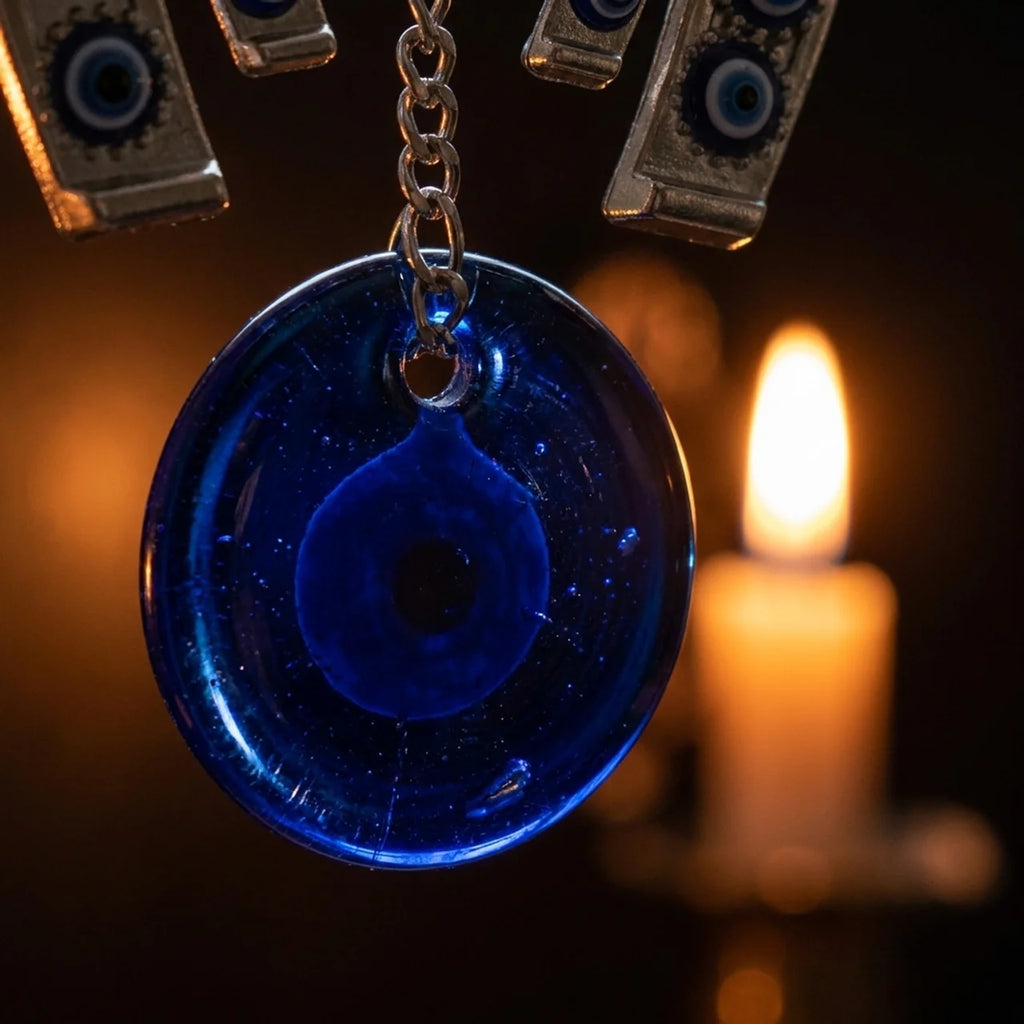 Detalle del ojo turco de vidrio azul de la herradura protectora