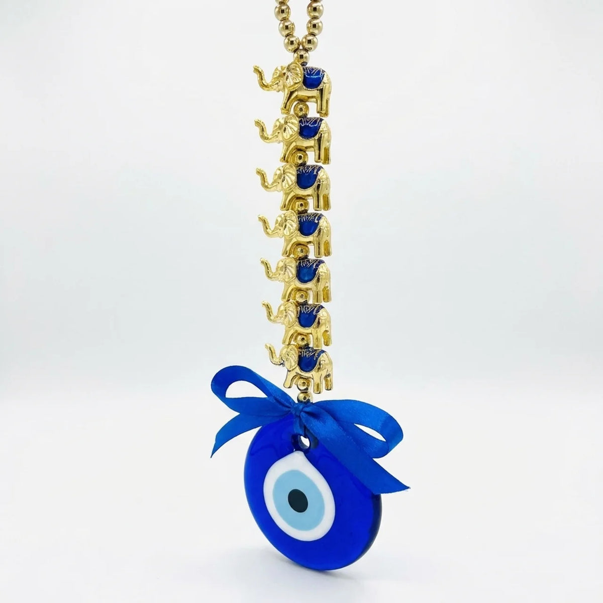 Ojo turco de vidrio con cadena de elefantes de acrílico y lazo azul